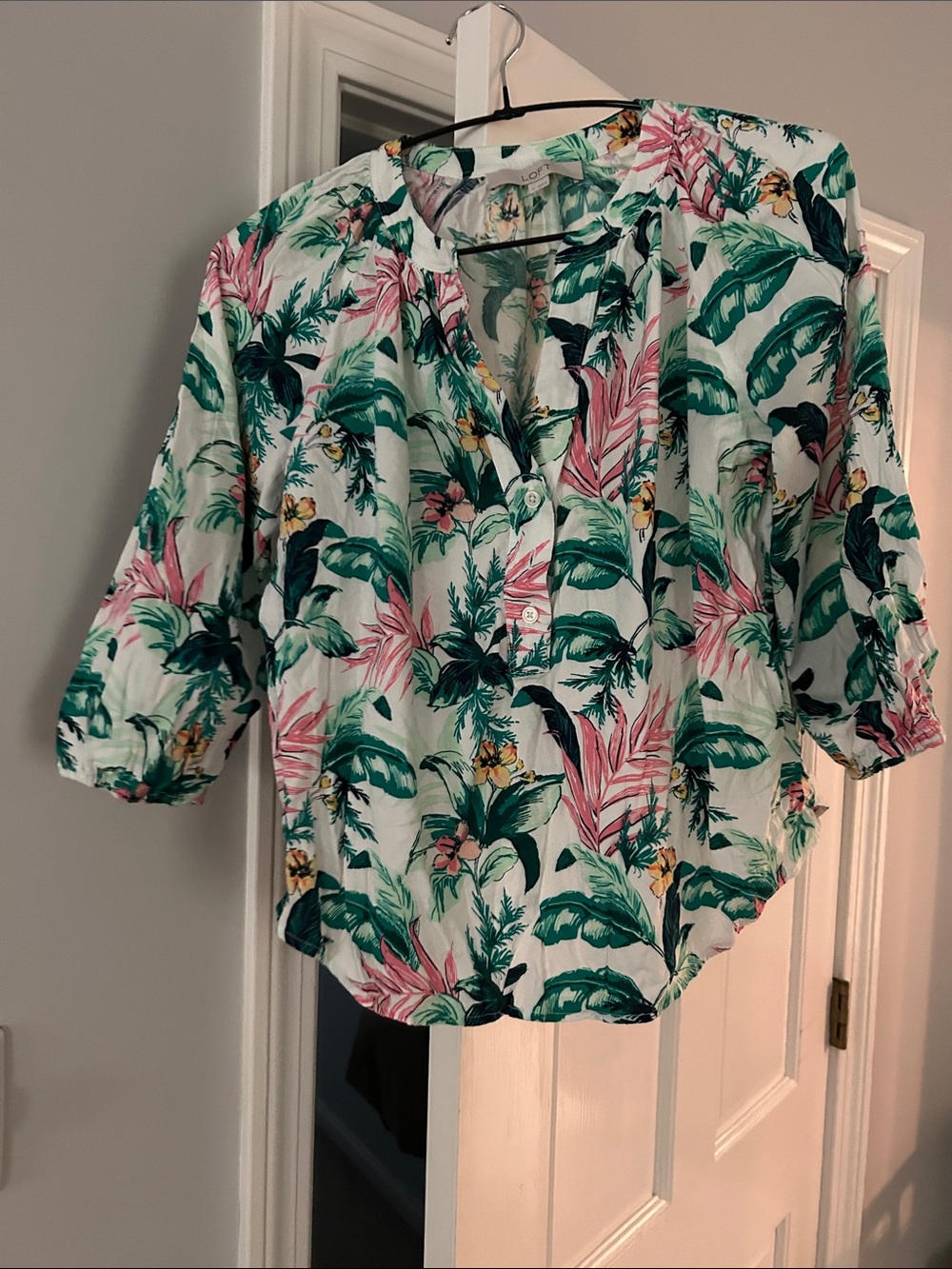 LOFT Tropical Button-Front Blouse in Pink & Green